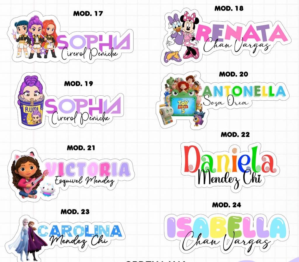 Etiquetas recortadas con nombre, apellido y personajes